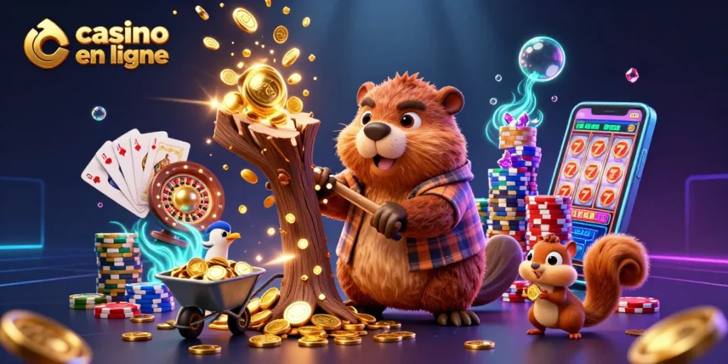 Collection de pièces d'or avec casino en ligne représenté par un castor et ses amis dans une scène animée.