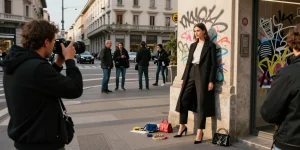 Services de Fotografo Milano pour la mode, séance photo urbaine dynamique avec un modèle.