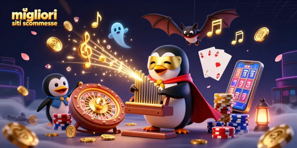 Scopri i migliori siti scommesse con un'illustrazione vibrante di un pinguino che gioca e distribuisce monete dorate.