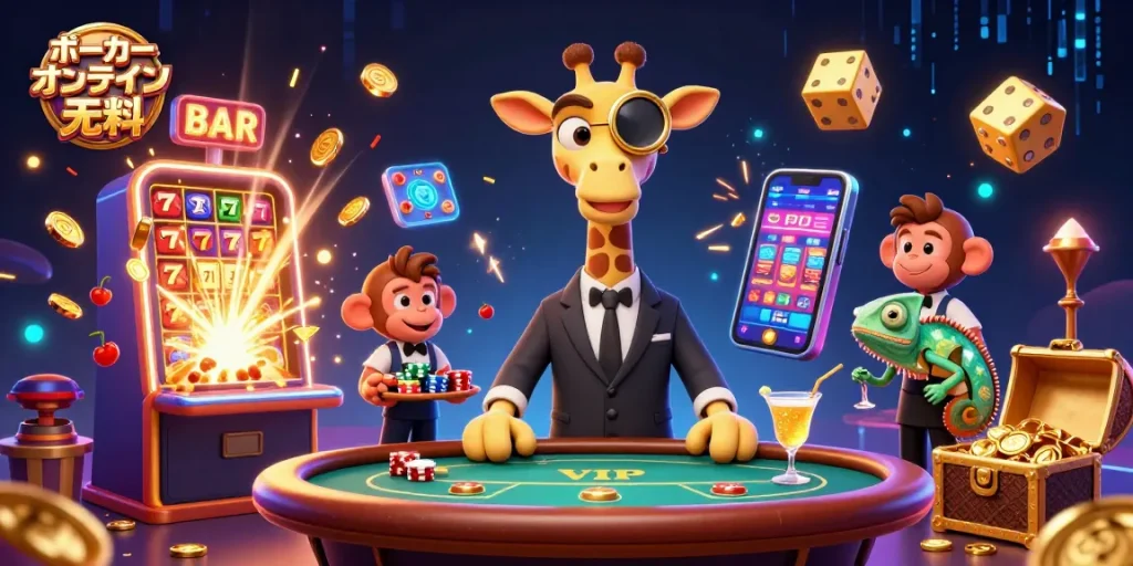 ポーカー オンライン 無料を楽しむ、高級感漂うポーカーテーブルに座るキリンやサルとカメレオンが描かれたイラスト
