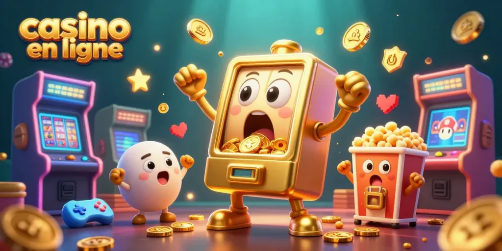Casino en ligne : machines à sous heureuses remportant des jackpots dans une illustration colorée.