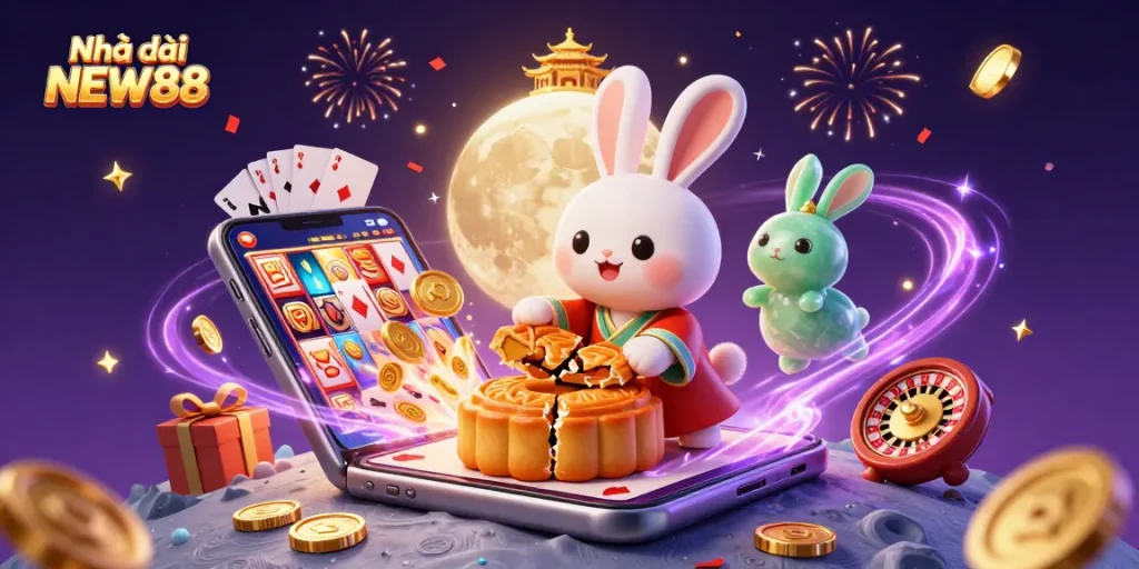 Join the fun with Nhà cái NEW88 in this vibrant casino illustration featuring lively game elements.