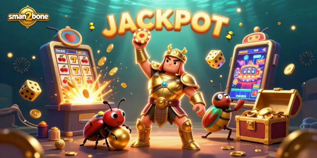 Memenangkan jackpot di sman2bone dengan petarung serangga kasino dalam ilustrasi 3D yang warna-warni.