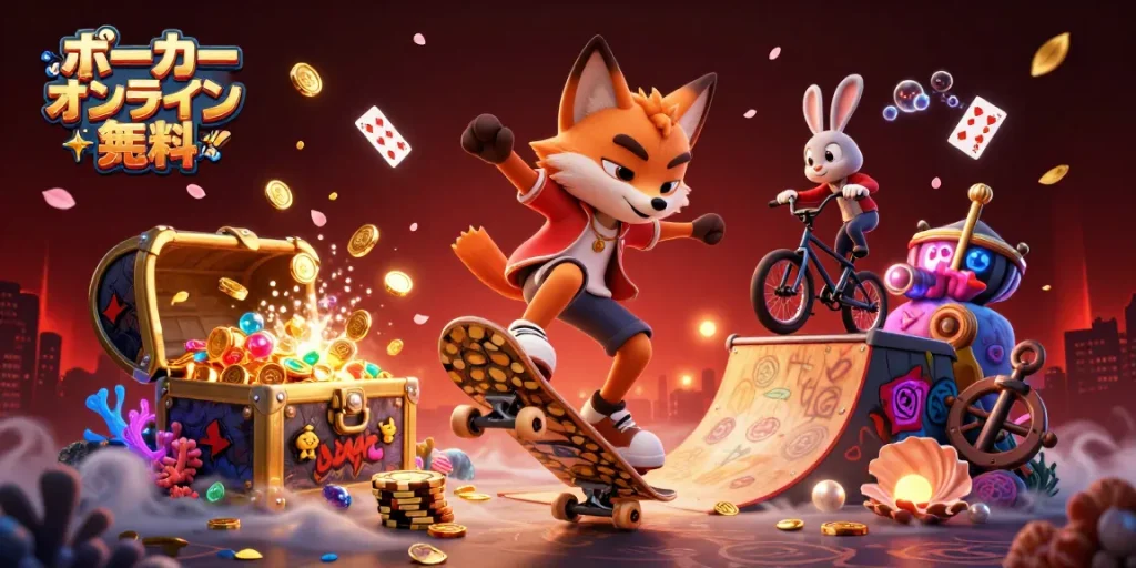 ポーカー オンライン 無料をテーマにしたカートゥーンスタイルの3Dイラストで、スケートボードをするキツネとBMXライダーのウサギが登場します