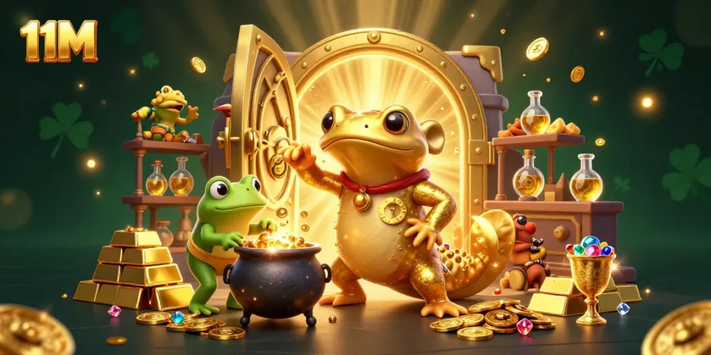 Experience the thrill of winning at 11M with golden treasures and casino magic in a vibrant scene.
