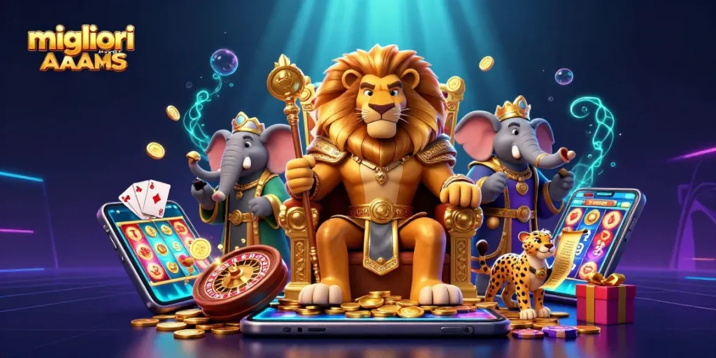 Scopri i migliori casino non AAMS con un re leone e un elefante saggio in un'illustrazione 3D coinvolgente.