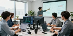 Team providing business IT support in a modern office with technology equipment.
