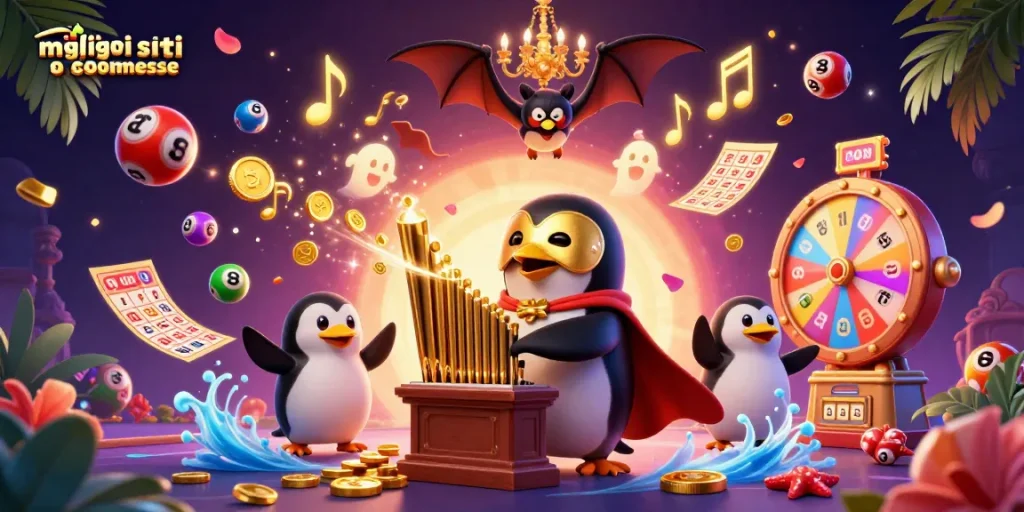 Scopri i migliori siti scommesse con un pinguino che gioca una melodia di monete d'oro e una danza di palloni colorati.