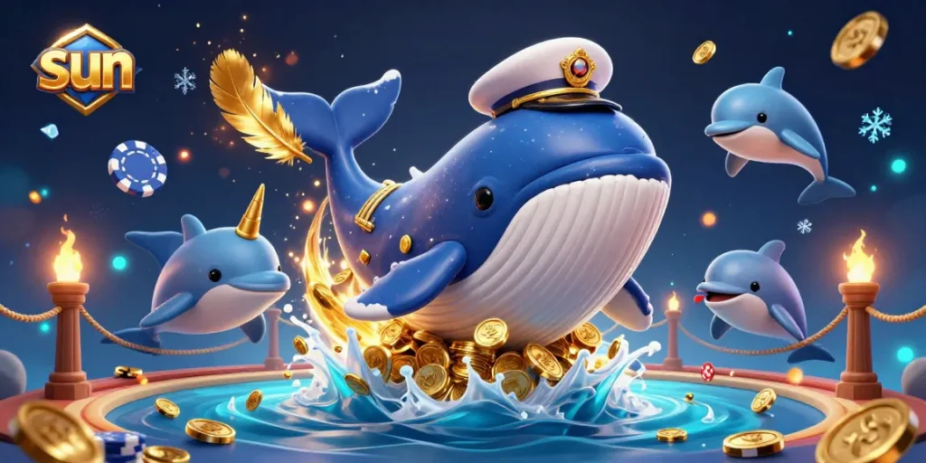 Engage in exciting casino gameplay with sun-themed adventures featuring whales and poker elements.