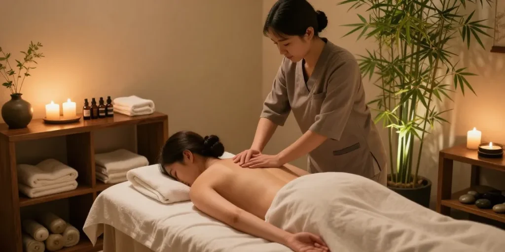 Relaxation during 강남출장마사지 session in a serene spa with candles and calming decor.