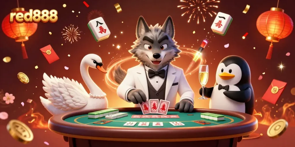 Experience red888 excitement with a debonair wolf and elegant swan at an exhilarating baccarat table!