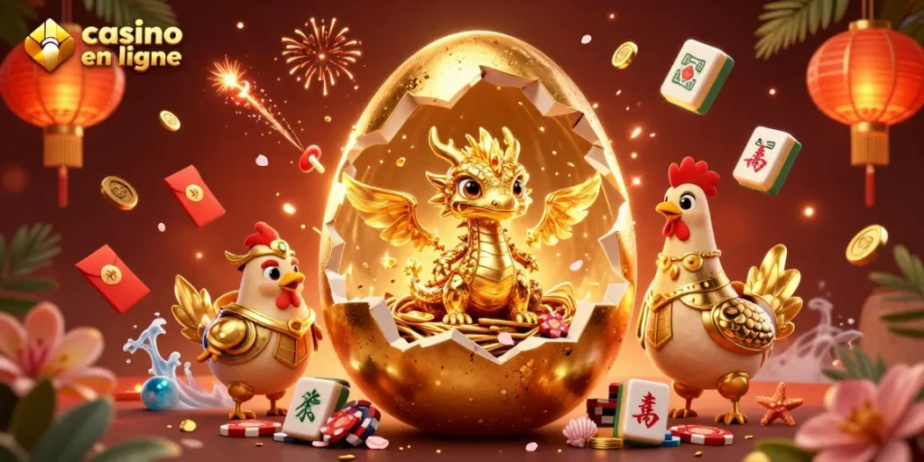 Jouez au casino en ligne avec des dragons dorés et des jetons de poker scintillants.