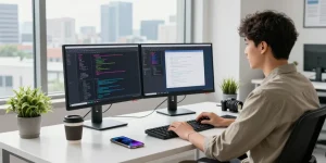 Developer coding in a modern workspace, showcasing 纸飞机中文版官网 on dual monitors for enhanced messaging.