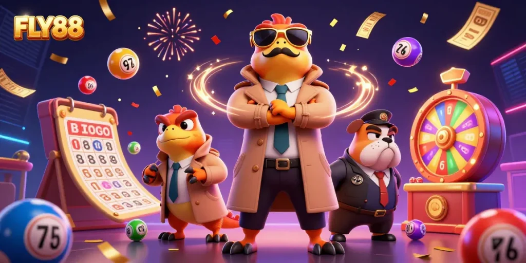 Engage with FLY88's energetic atmosphere featuring raptors and casino elements in a vibrant scene.