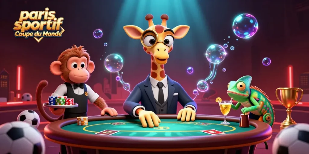 Pariez sur le sport avec les meilleures cotes pour la Coupe du Monde, mélange de personnages animaliers dans un décor festif.