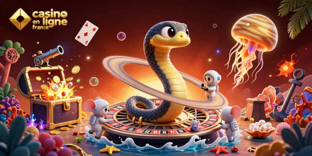 Placer des paris avec le serpent Saturne et des astronautes pour le casino en ligne France.