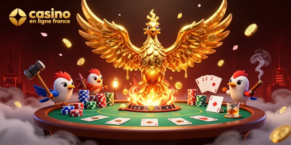 Illustration d'un phoenix en métal liquide symbolisant le casino en ligne France, entouré de jeux de poker.
