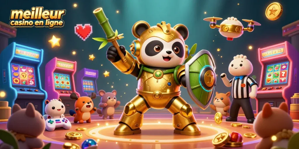 Illustration d'un panda en mech-suit pilotant un robot de combat au meilleur casino en ligne, avec éléments de jeu colorés.