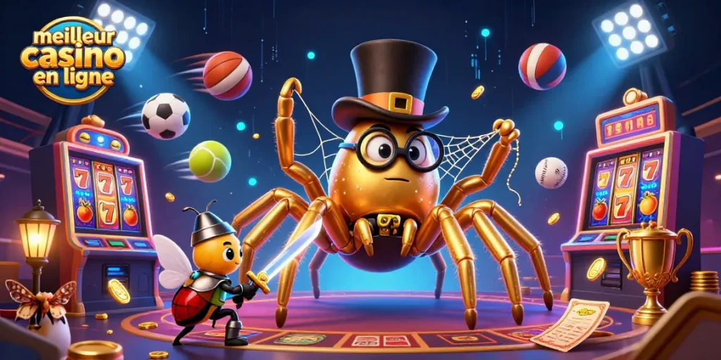 Illustre le meilleur casino en ligne avec des personnages captivants et des éléments de jeu scintillants.