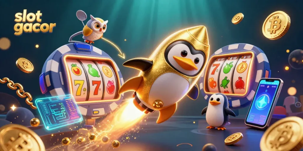 Play 'slot gacor' for exciting wins featuring a golden penguin in a vibrant casino galaxy scene.