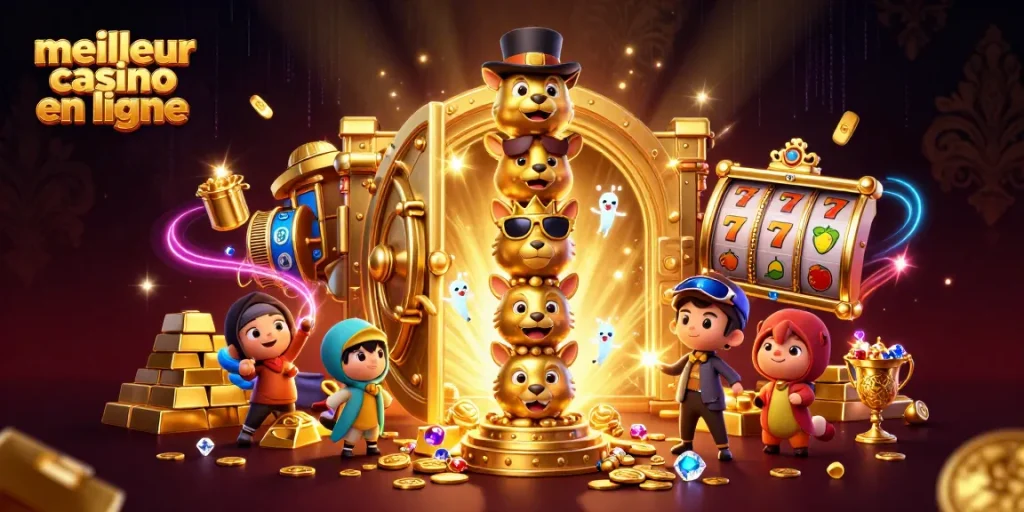 Plongez dans l'univers du meilleur casino en ligne avec un totem doré, joyaux et rouleaux de machines à sous.