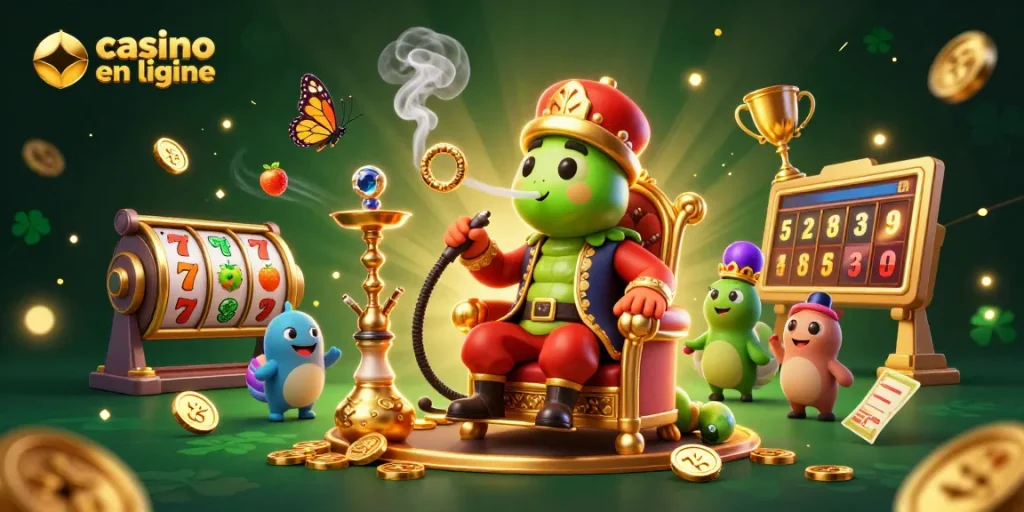Jouez au casino en ligne avec un maître chicha et des éléments de jackpot colorés en arrière-plan.