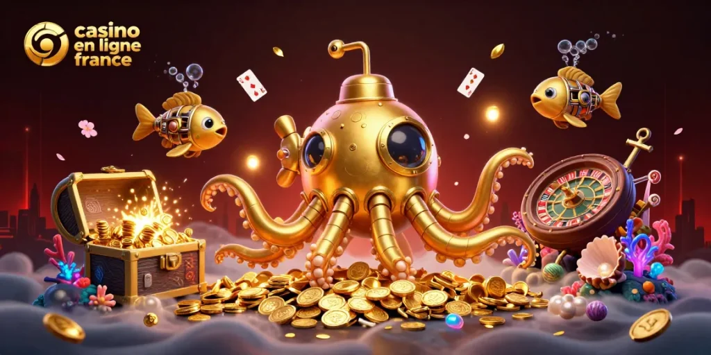 Vivez l'expérience du casino en ligne France avec un kraken doré entouré de pièces et de cartes flottantes.