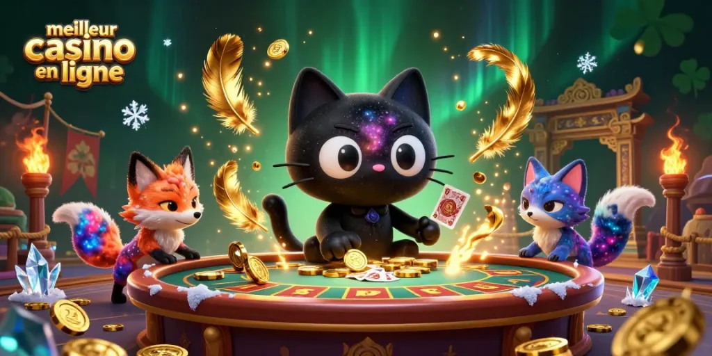 Visuel captivant du meilleur casino en ligne avec un chat noir trou noir et un renard nébuleux, jouant avec des jetons d'or.