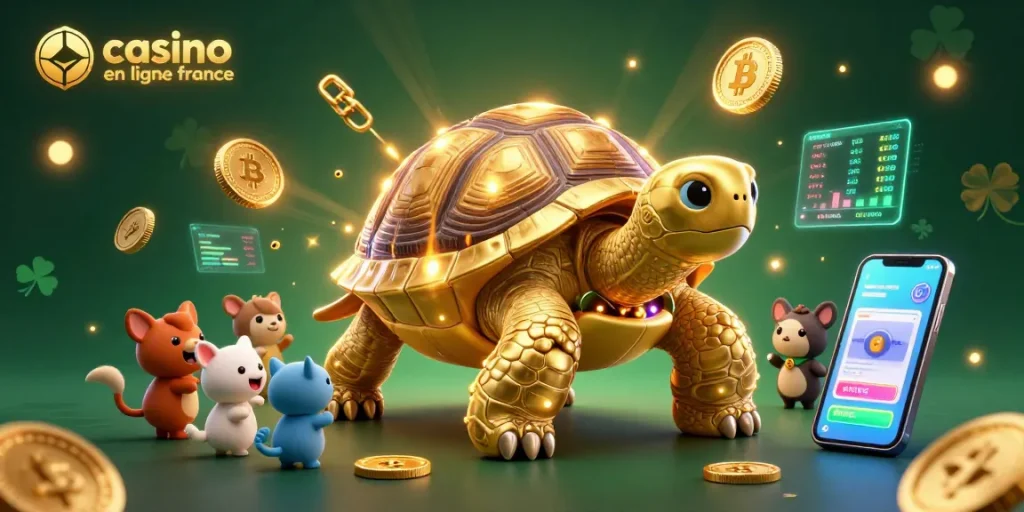 Jouer dans un casino en ligne France avec une tortue géante en machine à billes illuminée et des pièces de Bitcoin flottantes.