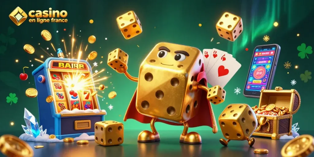 Jouer à des jeux de casino en ligne France avec un golem de dés dorés et une machine à sous explosive.