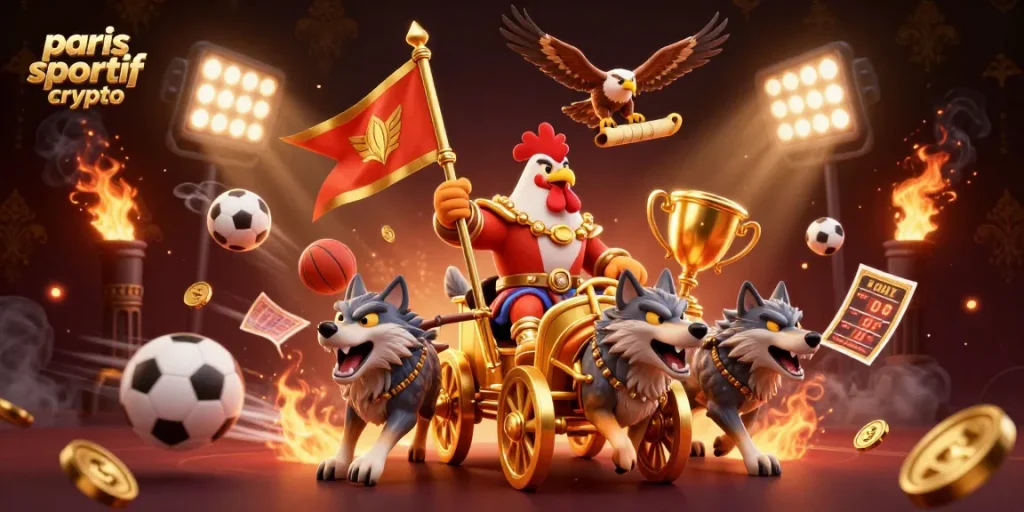 Placer des paris sur le site paris sportif crypto avec un tableau dynamique rempli de ballons de sport et de trophées brillants.