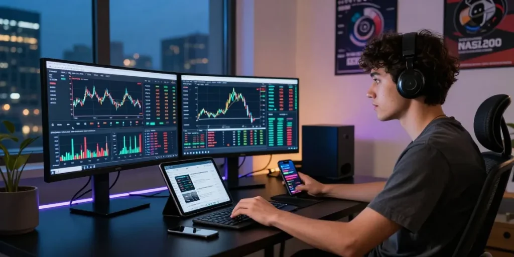 Investor using NAGA2000 platform in modern home office with crypto charts and tools.