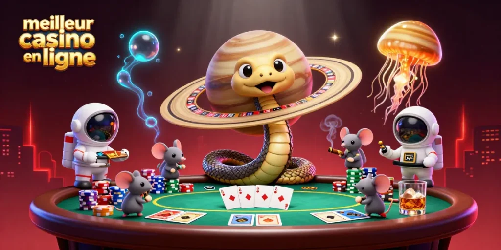Découvrez le meilleur casino en ligne avec un serpent de Saturne jouant à la roulette dans une scène cosmique captivante.