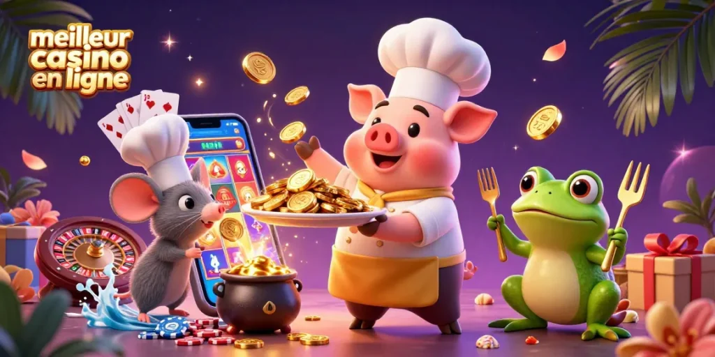 Découvrez le meilleur casino en ligne avec une chaleureuse scène de chef et de personnages ludiques autour d'un jeu de dés.
