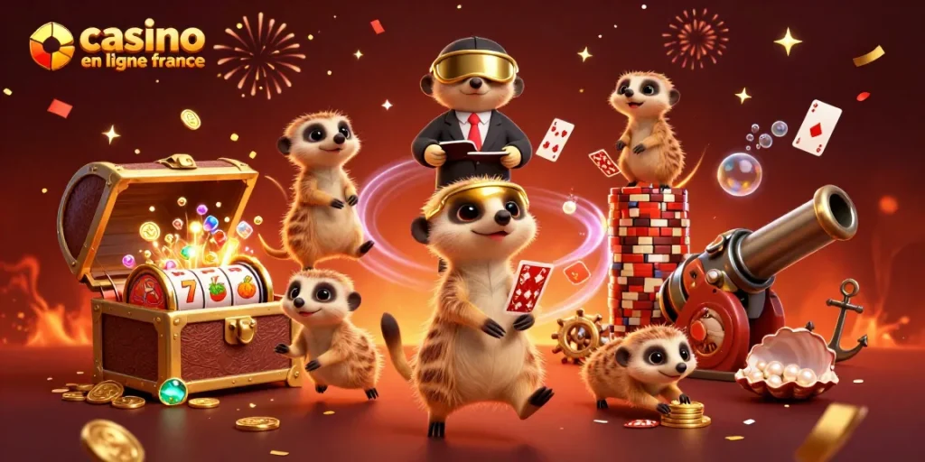Illustration de suricates dans un casino en ligne France, avec des jeux de cartes et des trésors.