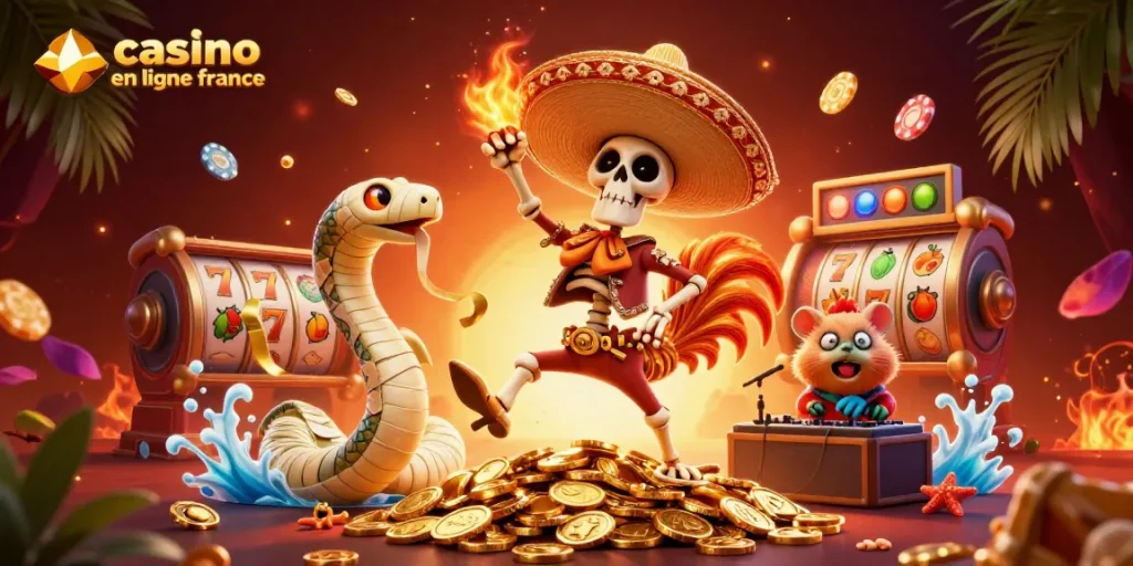 Vibrez avec l'animation de casino en ligne France à travers des personnages tons uniques sur une scène captivante.