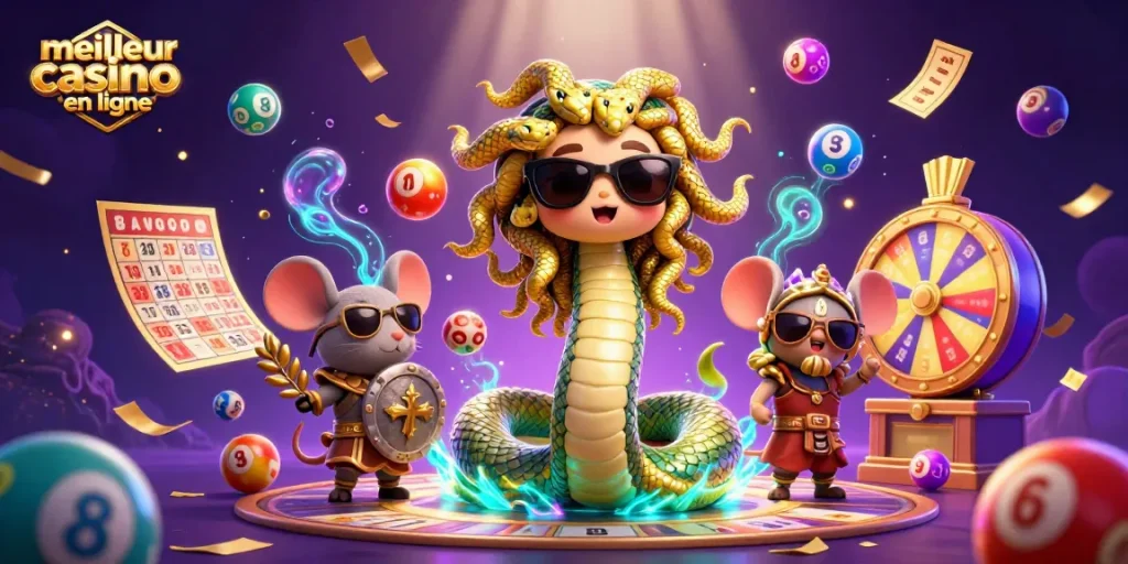 Jouer au meilleur casino en ligne avec Méduse et un guerrier souris dans une scène dynamique.