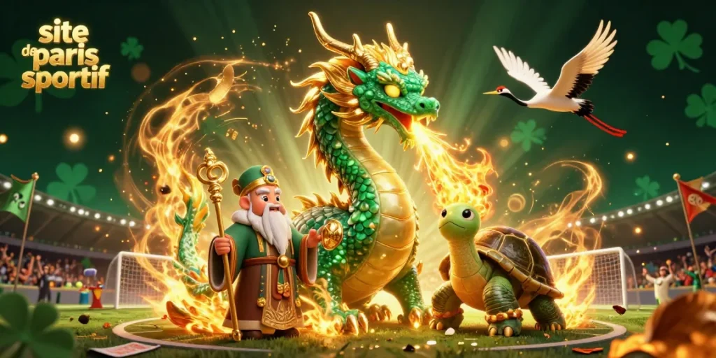 Illustration captivante de site de paris sportif avec un dragon jade et des personnages de casino