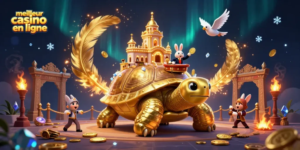 Découvrez le meilleur casino en ligne avec des jeux de cartes et des tortues dorées entourées de pièces d'or.