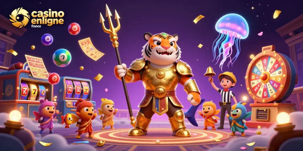 Immergez-vous dans l'univers du casino en ligne en France avec un requin tigre en armure dorée parmi des éléments de jeu animés.