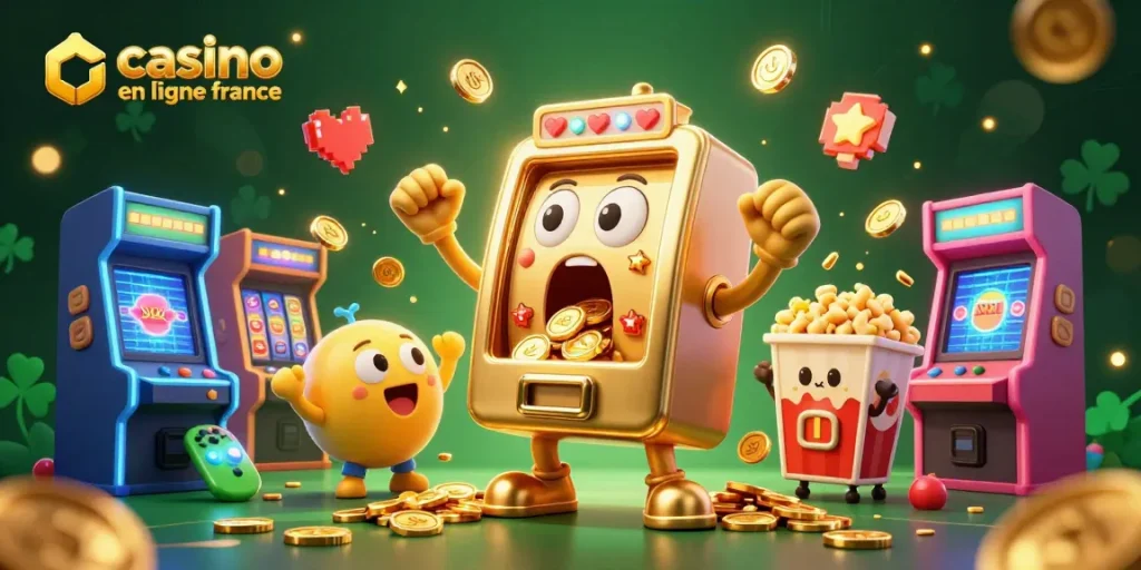 Illustration 3D d'une machine à sous dorée animée en ligne, jackpot et pièces s'échappant, casino en ligne france