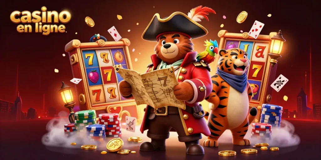 Jouez aux machines à sous et gagnez gros avec le casino en ligne dans une scène vibrant de couleurs et de personnages animés.