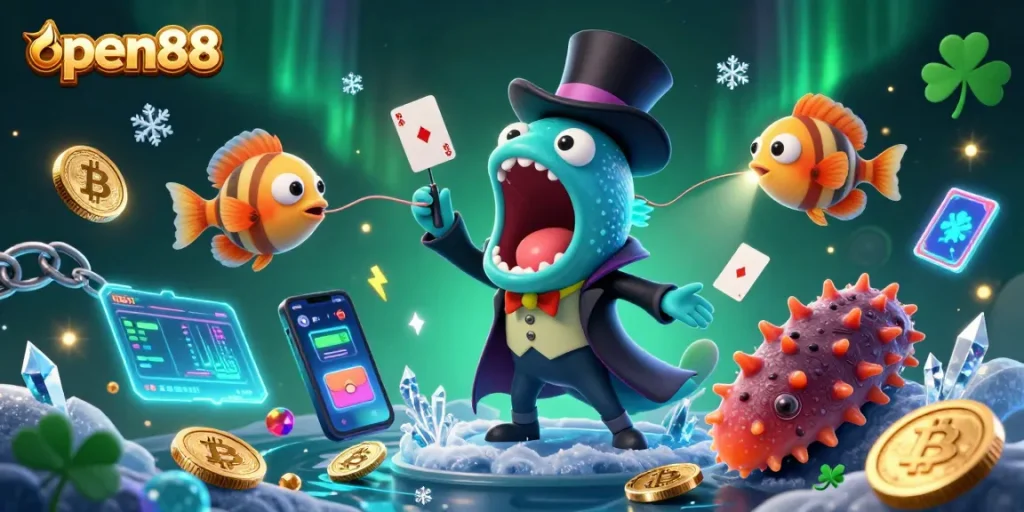 Experience the excitement of open88 with a captivating underwater magic act featuring animated creatures and crypto elements.