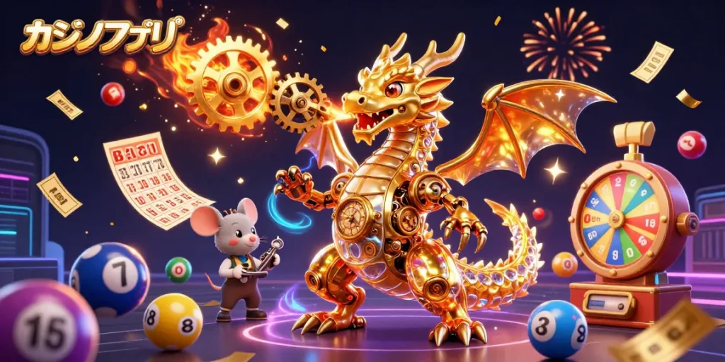 カジノアプリのためのカラフルな宝くじボールやギャンブルゲーム要素が散りばめられたドラゴンのイラスト
