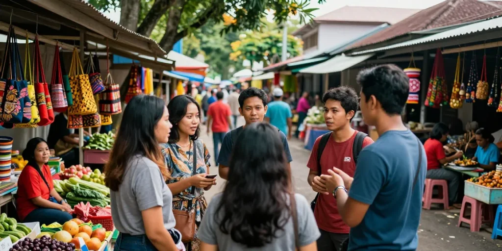 Pengunjung Leci123 menikmati berita lokal di pasar yang ramai.