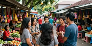 Pengunjung Leci123 menikmati berita lokal di pasar yang ramai.