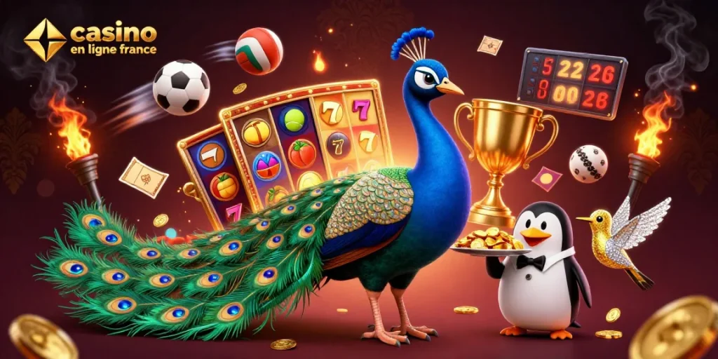 Illustration captivante de casino en ligne France avec un paon aristocratique, un pingouin serveur et un colibri doré entourés de nouveautés des jeux de machines à sous.