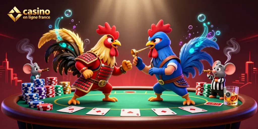 Illustration dynamique de casino en ligne France avec des coqs en combat sur une table de poker.