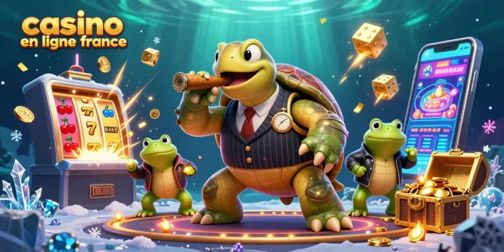 Illustration dynamique de casino en ligne France, avec une tortue en costume de gangster, des grenouilles en colère, et une machine à sous explosive.
