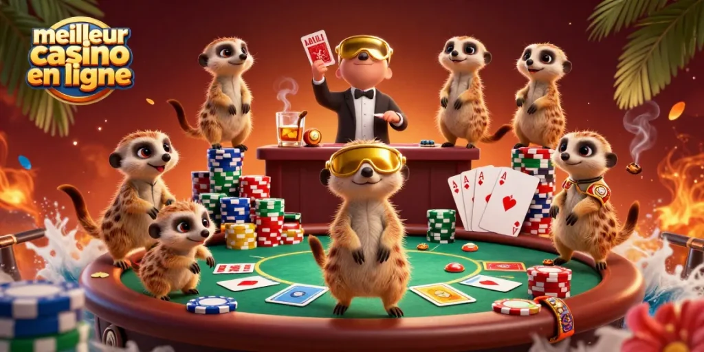 Les meerkats gèrent le meilleur casino en ligne, entourés de jetons et de cartes de poker.